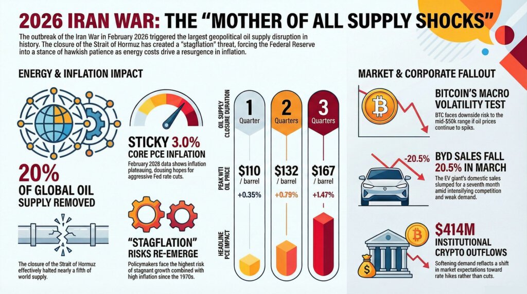 Infographic showing the 2026 Iran war triggering a global supply shock, with 20% oil supply disruption, rising inflation, and impacts on energy prices, markets, and crypto flows