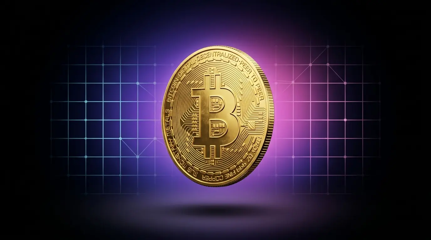Bitcoin coin with purple magenta gradient glow representing BTC volatility at Bitcoin 2026 conference