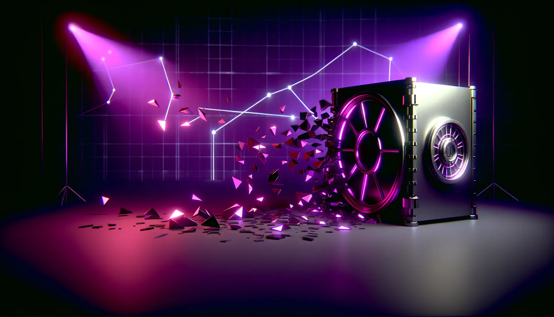Fractured digital vault with blockchain fragments breaking apart in purple and magenta lighting
