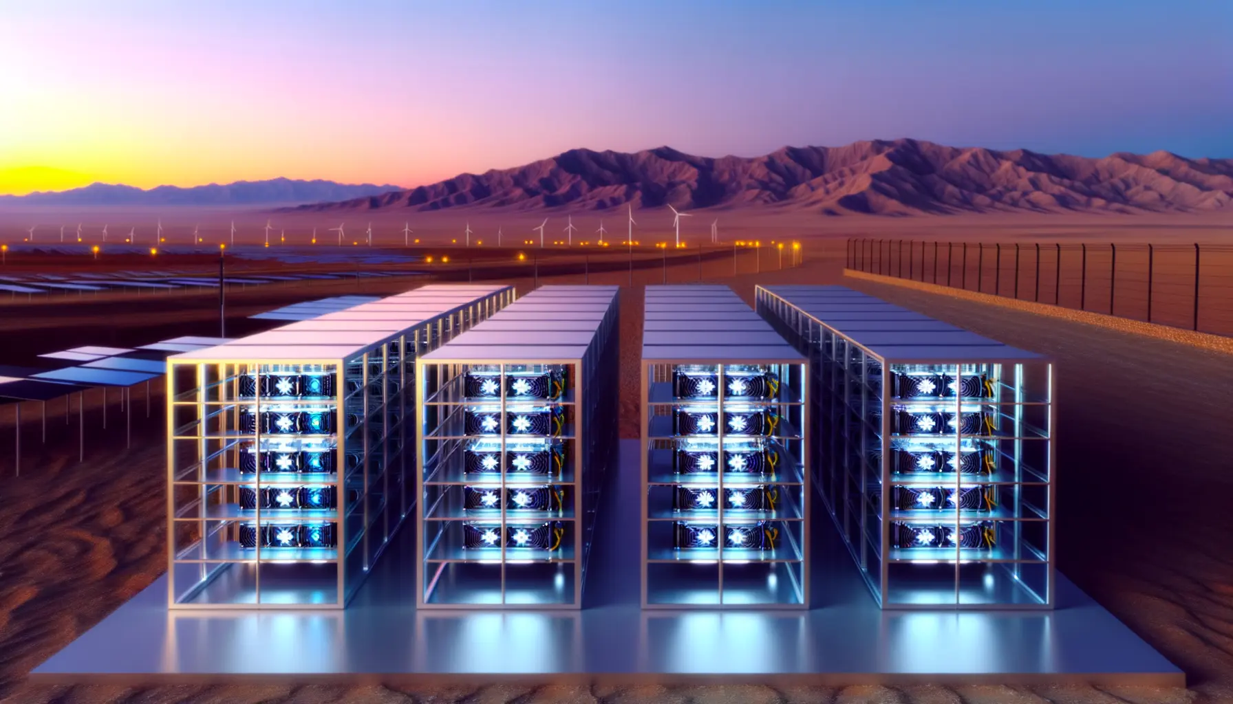 Modern Bitcoin mining facility with server racks in Uzbekistan desert landscape with renewable energy infrastructure