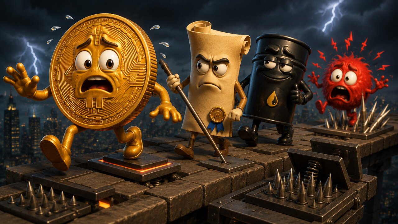 Cartoon Bitcoin fleeing macro crisis tripwires alongside bonds, oil, and volatility gauges.
