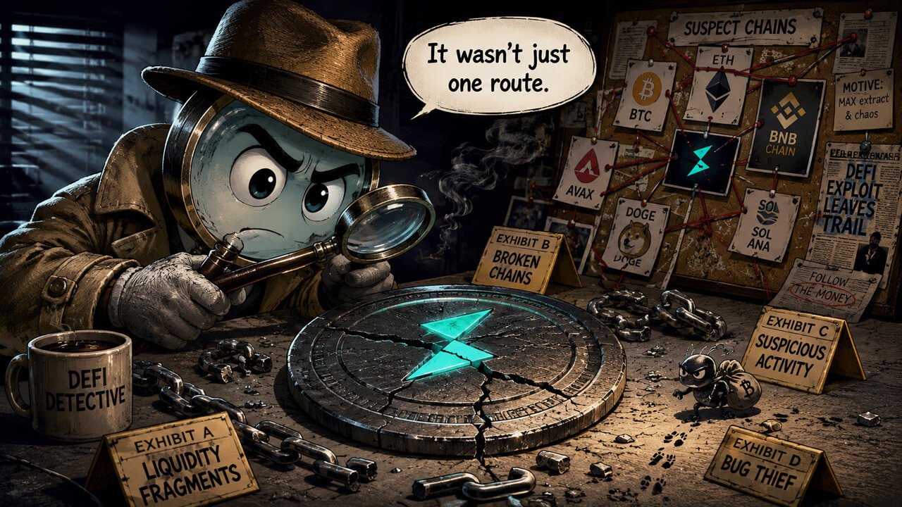 Detective investigating a DeFi exploit map with THORChain, Bitcoin, BNB, DOGE, and liquidity clues.