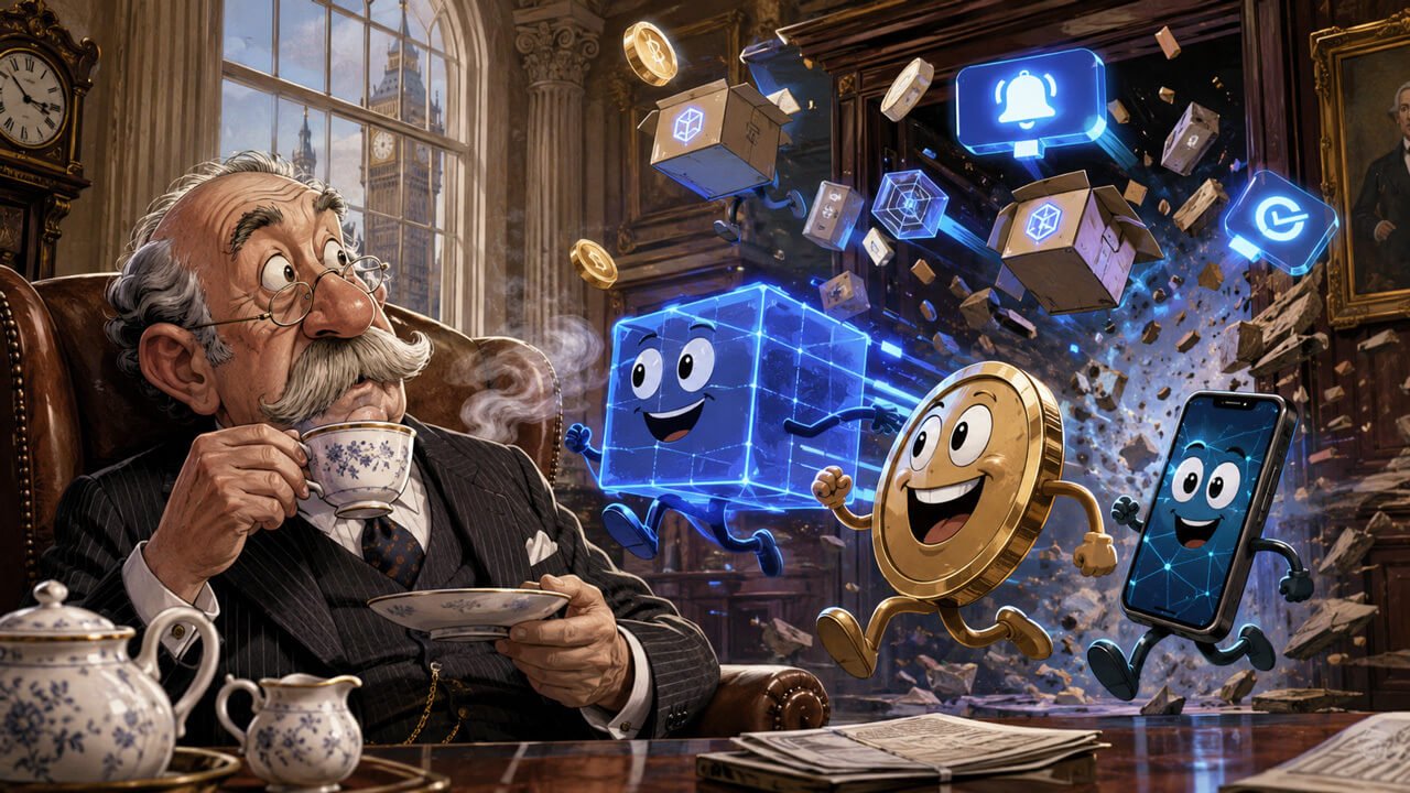 Illustration of an older banker drinking tea as animated crypto assets and a digital cube move through a traditional Bank of England-style office