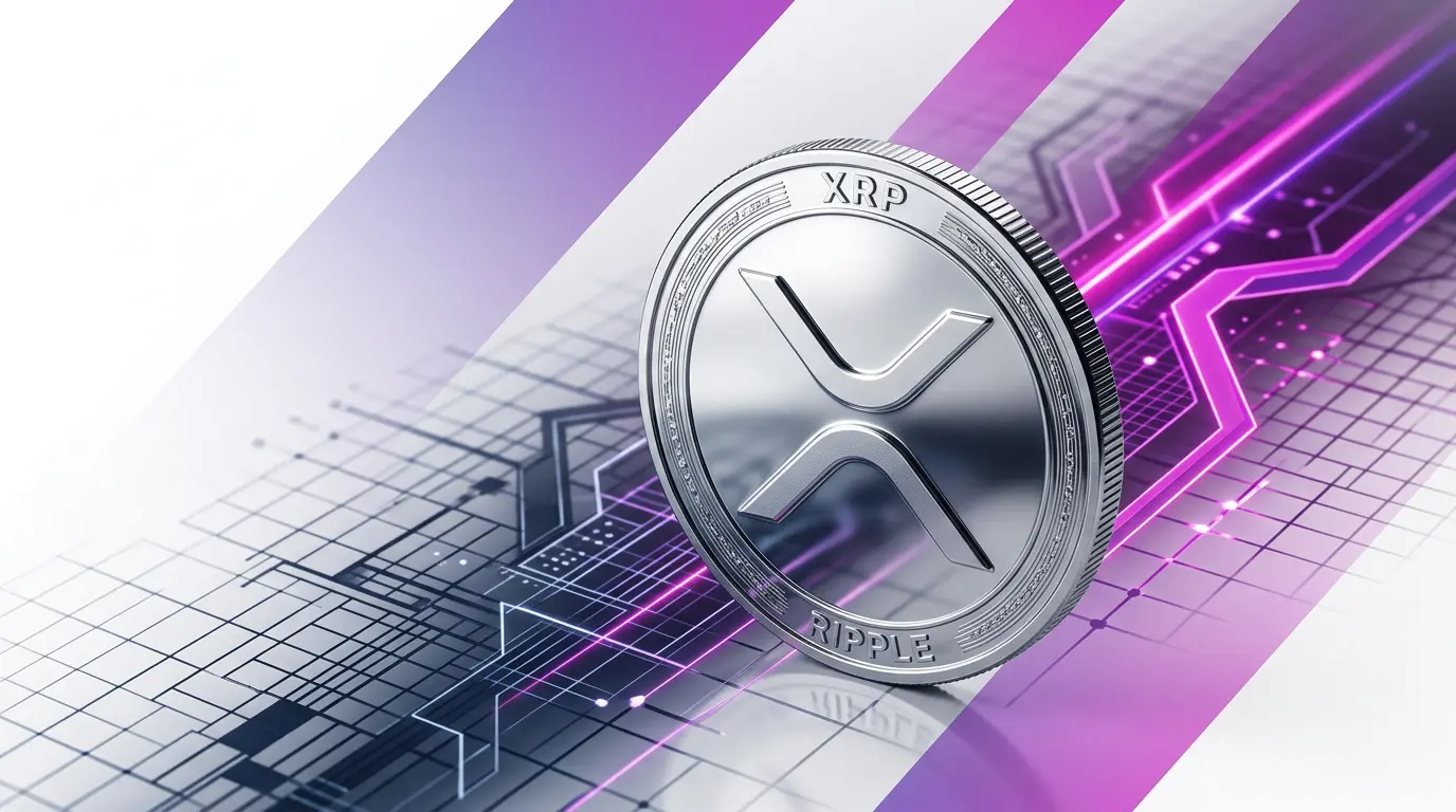 XRP cryptocurrency coin with gradient grid showing declining network activity vs institutional growth