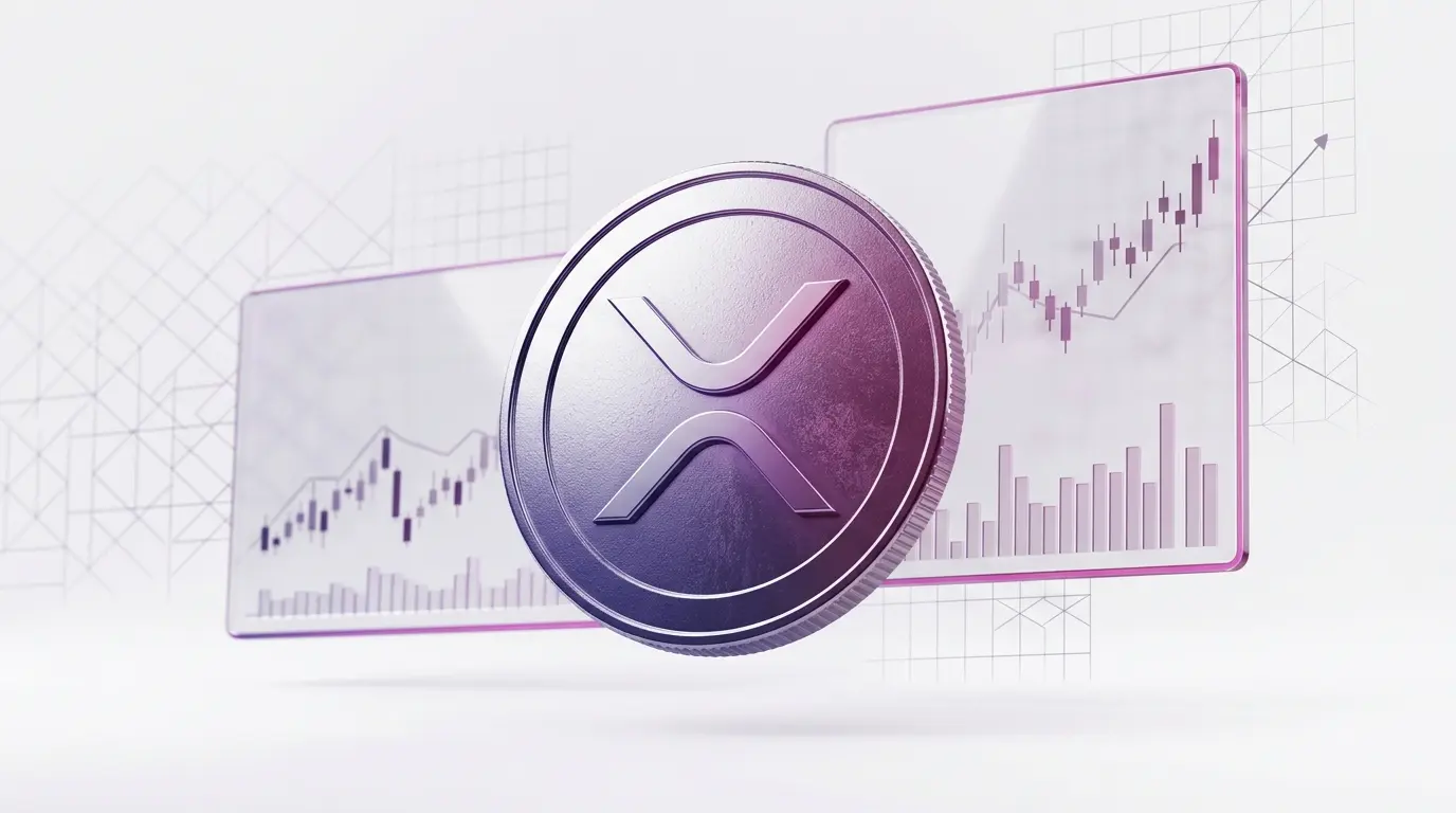 XRP coin with purple-magenta gradient lighting and abstract price chart visualization in studio setting