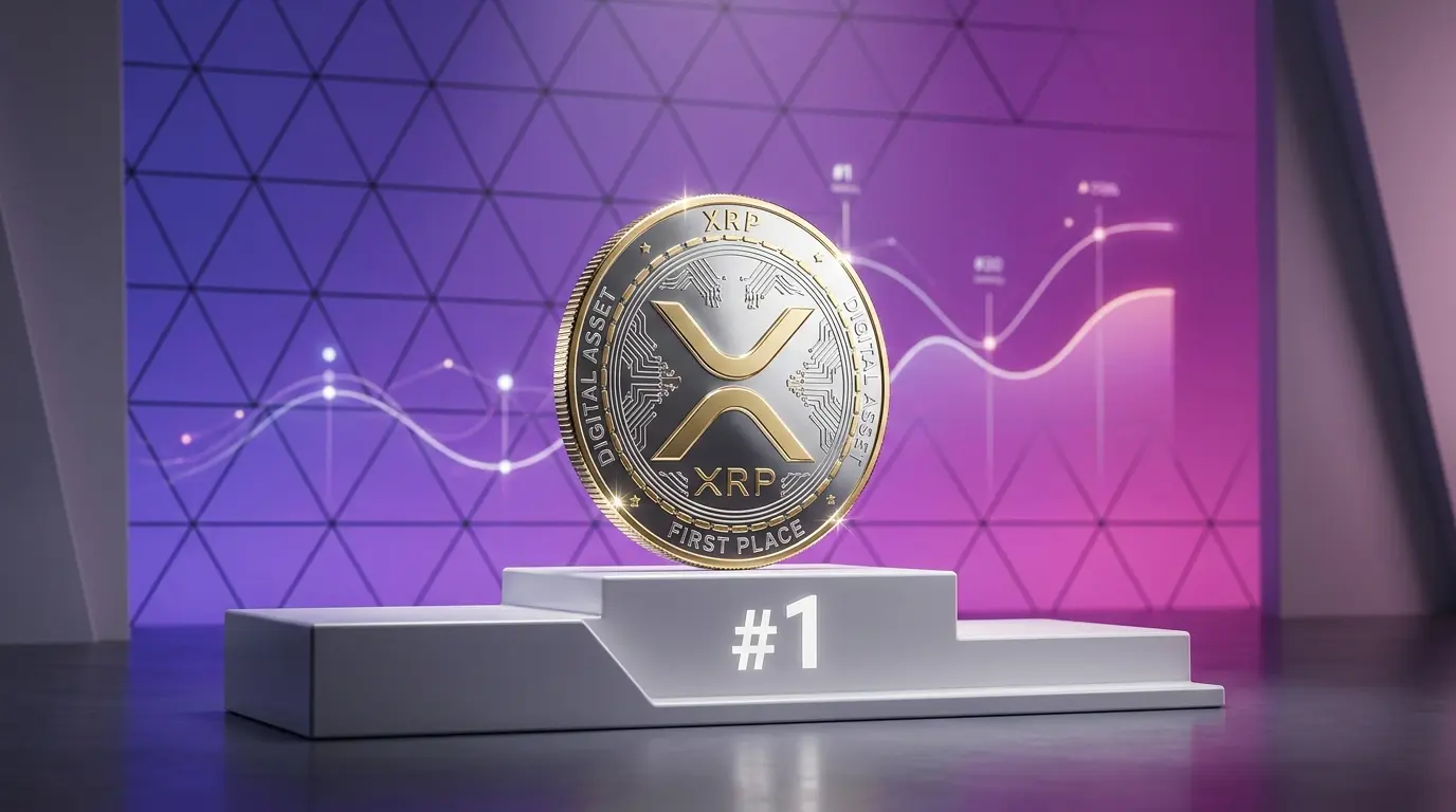 XRP cryptocurrency coin on podium with purple gradient background representing top blockchain ranking