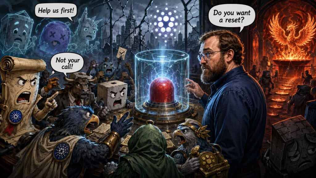 Illustration of Charles Hoskinson facing angry Cardano community figures as a symbolic blockchain split and phoenix imagery appear behind him.