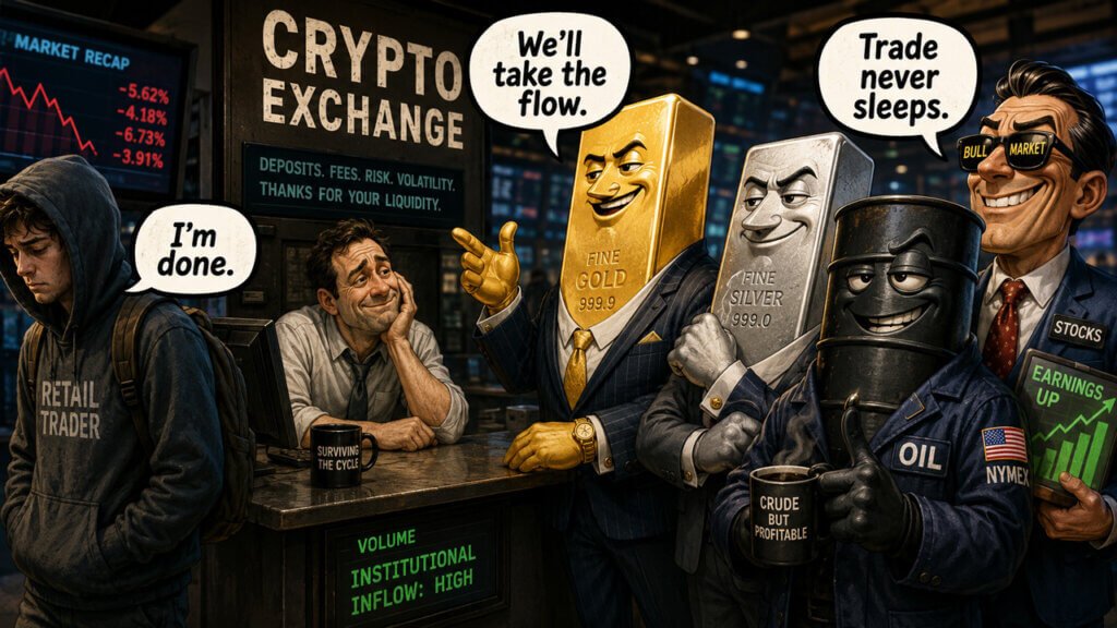 Cartoon of retail traders leaving a crypto exchange while gold, silver, oil, and stocks traders take their place.