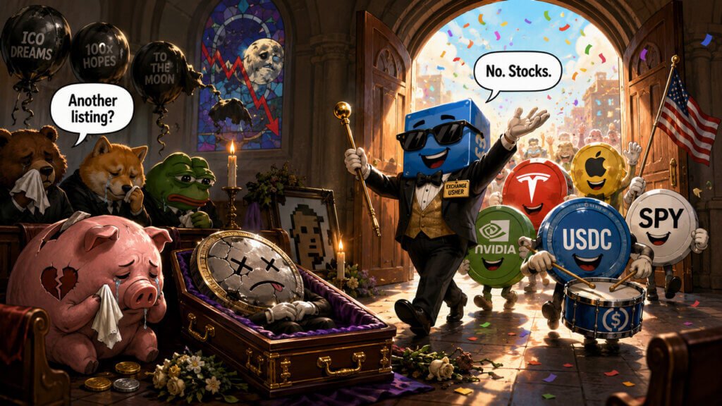 Cartoon showing crypto characters at a funeral for failed token listings as tokenized stock symbols enter the market.
