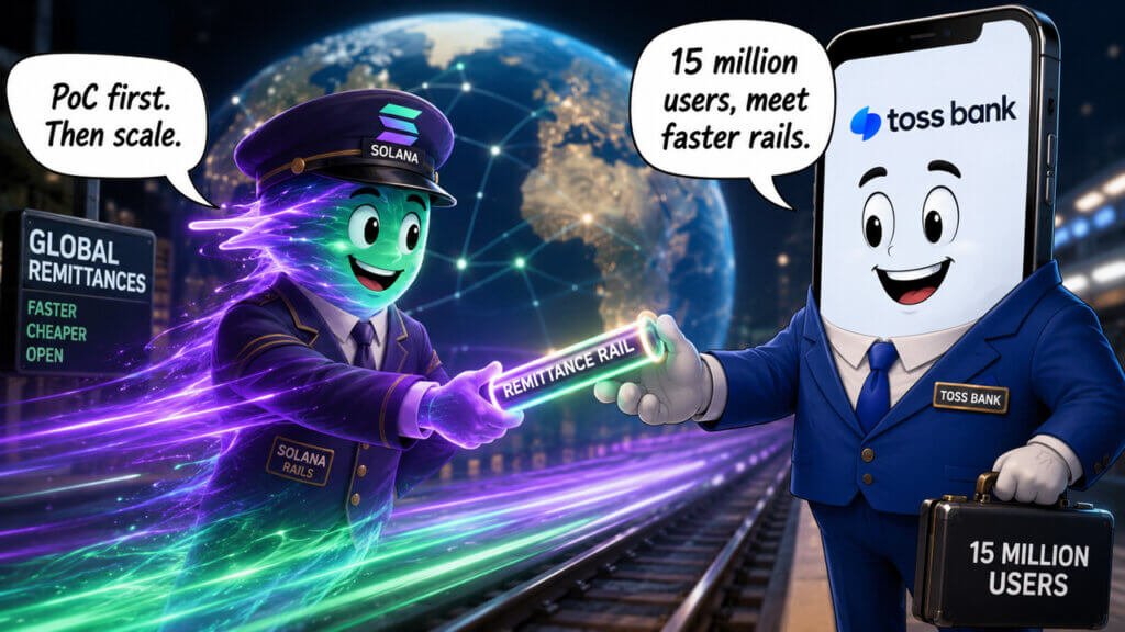 Cartoon illustration of Toss Bank and Solana mascots connecting on a glowing remittance rail, representing a blockchain-powered cross-border payment test linking Solana infrastructure with Toss Bank's 15 million-user banking platform.