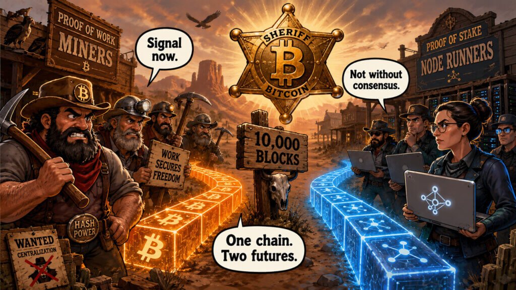 Cartoon depicting a Bitcoin fork debate, with miners supporting BIP-110 on one side and node operators opposing transaction filtering on the other as two blockchain paths diverge ahead of a proposed activation threshold.
