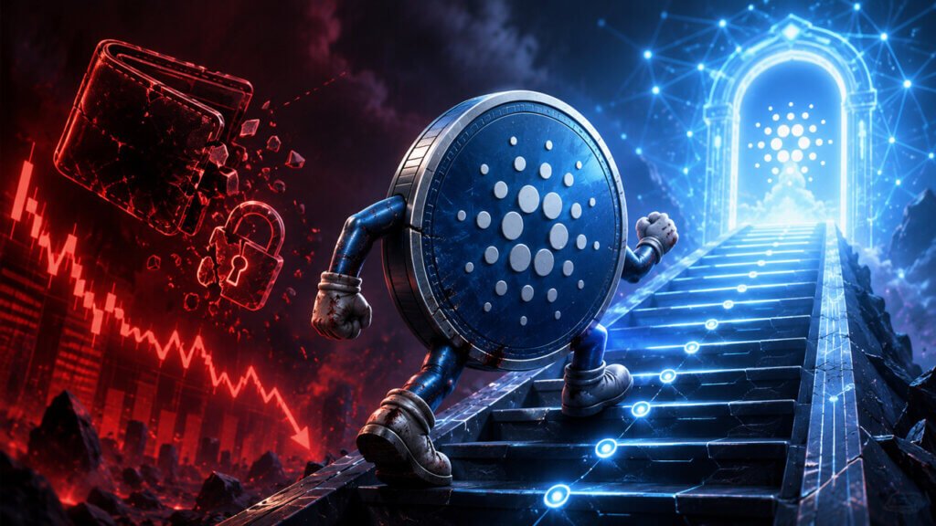 Cartoon Cardano (ADA) coin character climbing illuminated steps toward a glowing portal, symbolizing Cardano’s scaling ambitions amid market volatility and investor confidence challenges.