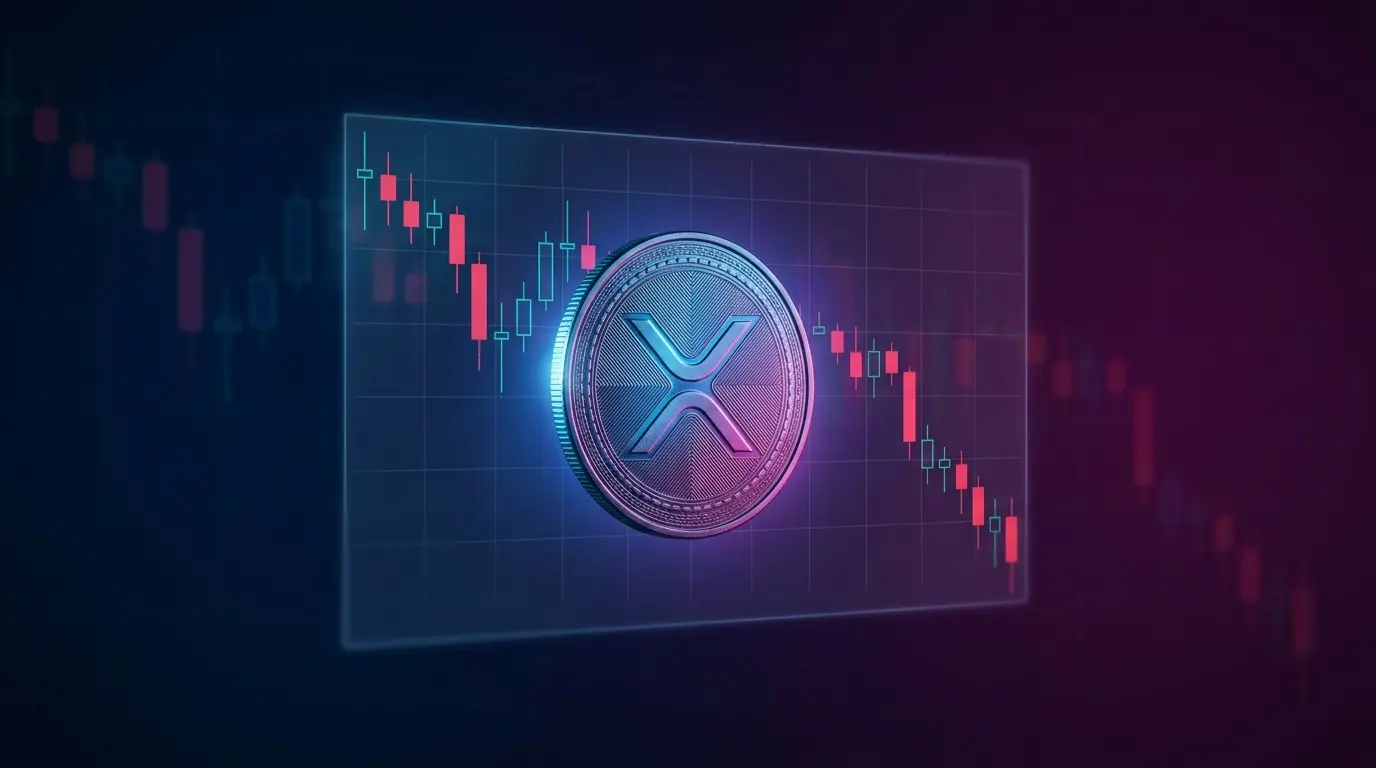 XRP cryptocurrency coin with holographic price chart showing downward trend in studio lighting