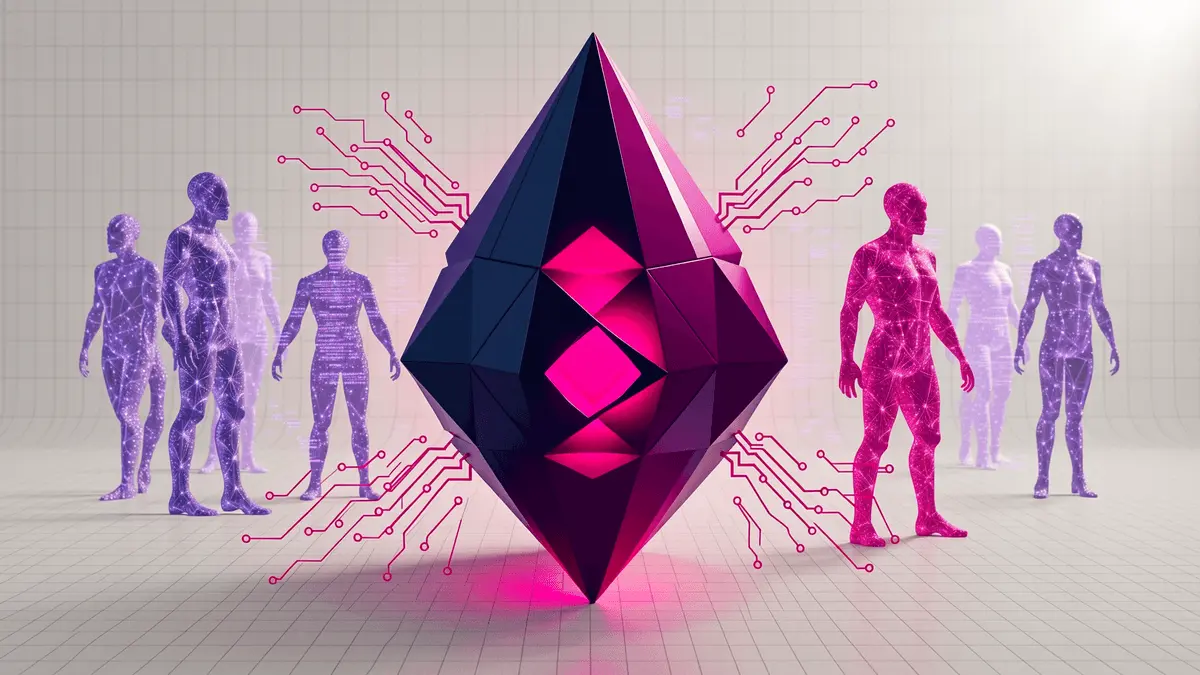 Cardano blockchain node with AI agents and magenta data streams on technical grid background