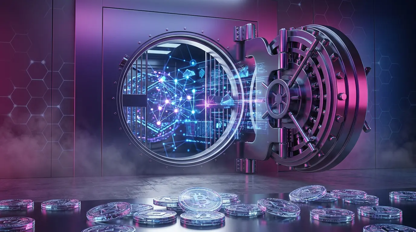 Modern bank vault revealing blockchain network representing tokenized deposit infrastructure