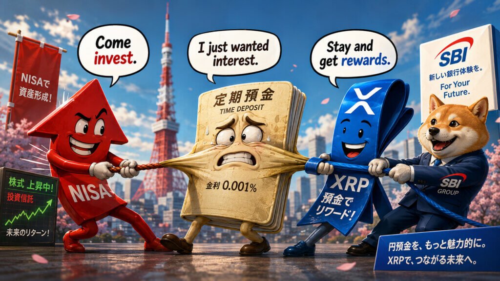 Cartoon image showing XRP and SBI characters pulling a low-interest time deposit against a Japanese stock market backdrop.