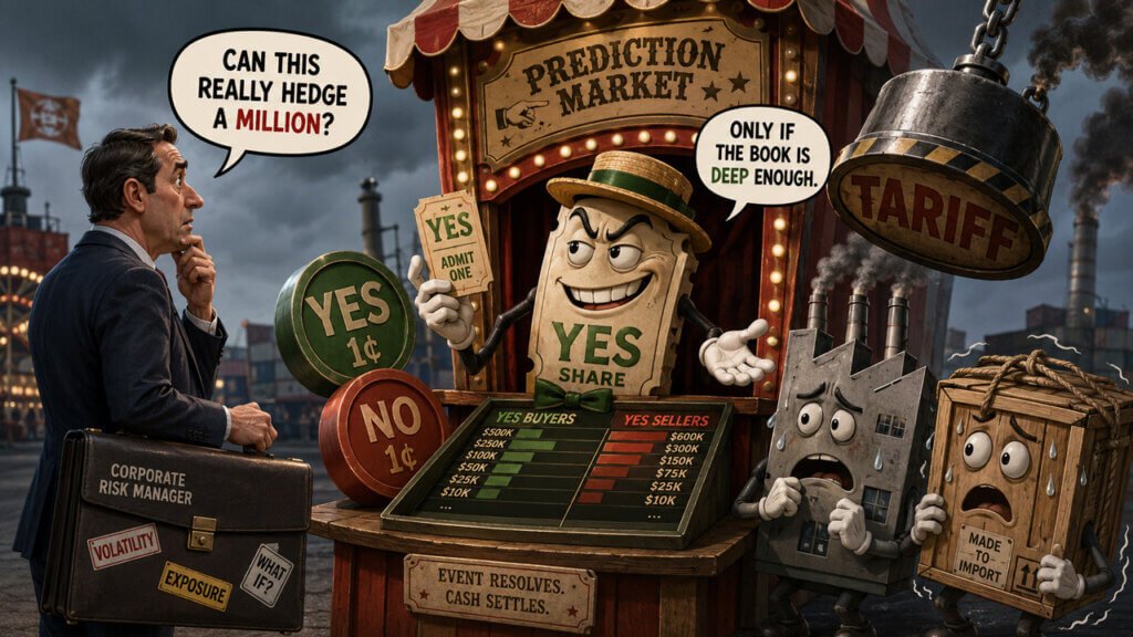 Illustration of a prediction market booth where traders vote on tariff outcomes, highlighting how companies use prediction markets to hedge risk and uncertainty.