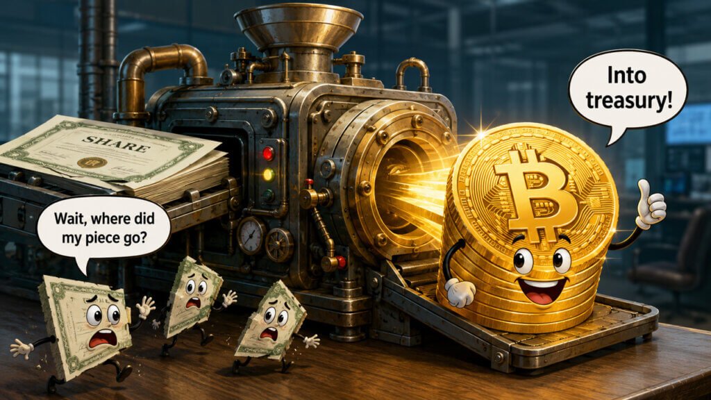 Cartoon Bitcoin entering a treasury machine as dollar bills look on anxiously.