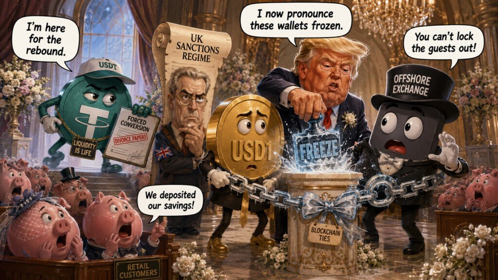 Political cartoon showing Trump freezing USD1 funds linked to World Liberty Financial wallet restrictions.