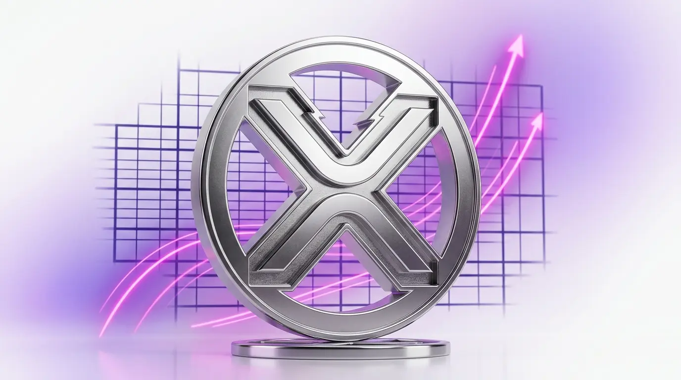 XRP token with purple gradient grid and upward magenta light trails showing accumulation momentum