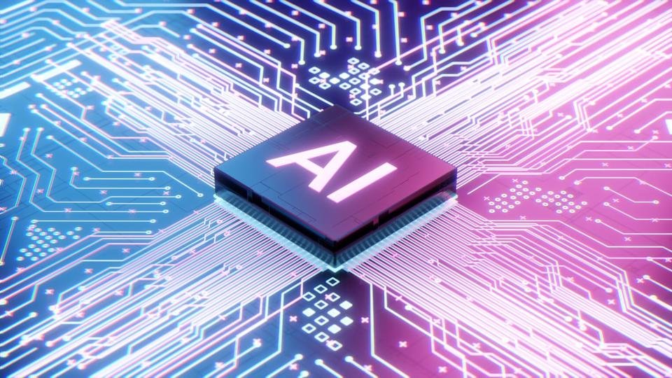 A computer chip labeled AI with bright-colored lines shooting out around it.