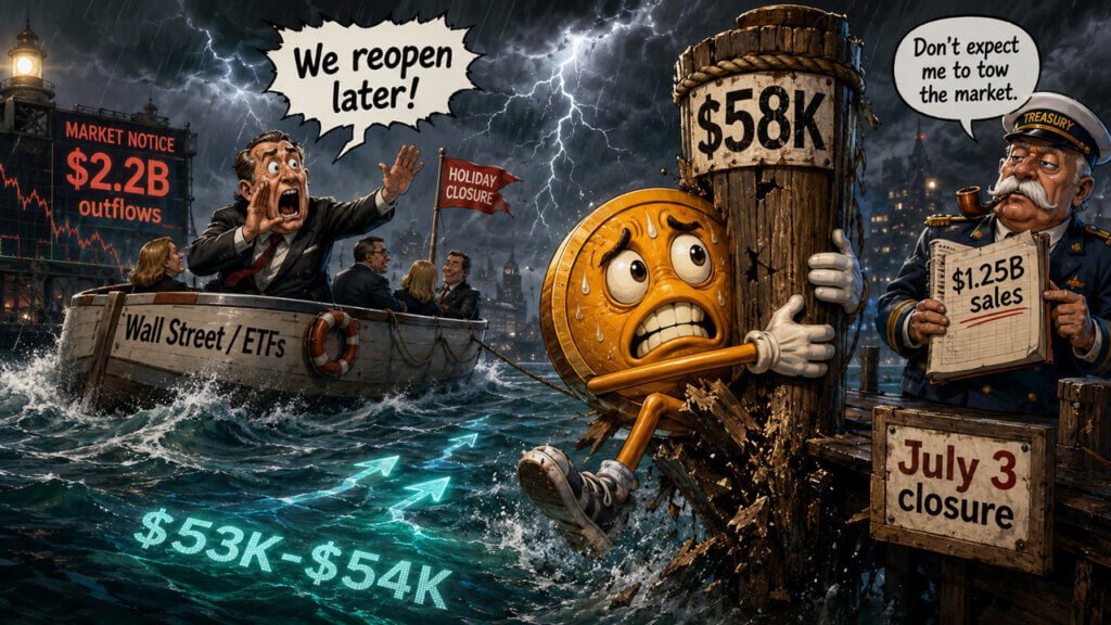 Bitcoin holiday liquidity storm editorial cartoon showing seasonal market weakness and Bitcoin price volatility during low trading volume