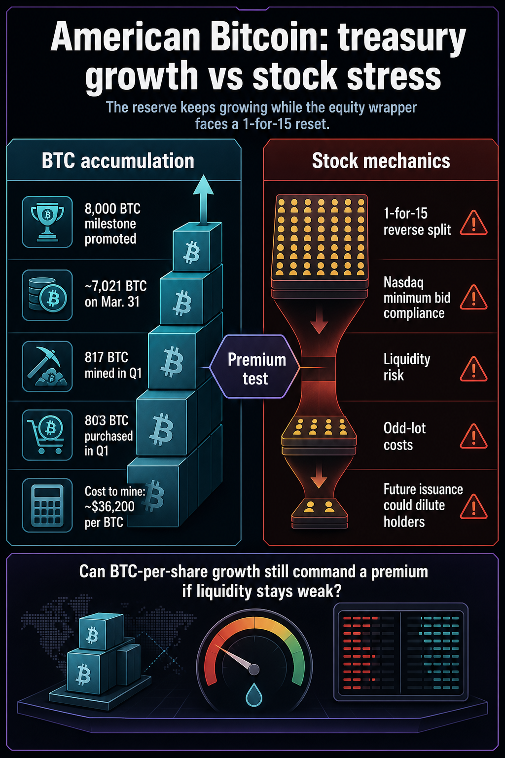 Infographic comparing American Bitcoin's BTC accumulation with reverse split and liquidity risks.