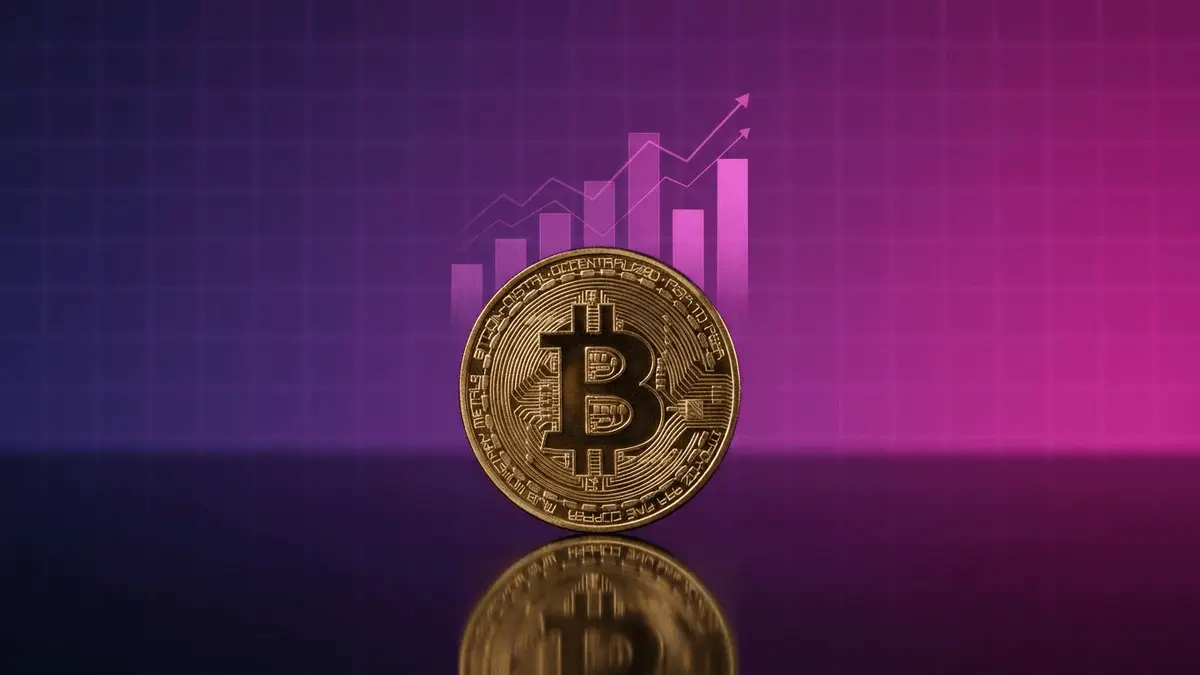 Bitcoin coin on reflective surface with purple-magenta gradient and financial data visualization